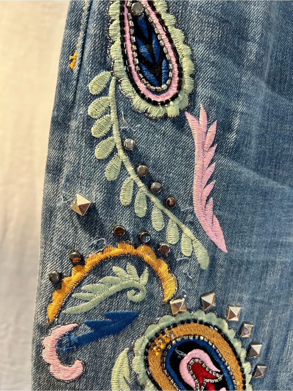 Alice + Olivia Denim Flare Jeans with Multicolor Paisley Embroidery - Picture 12 of 16